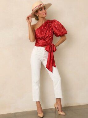 MISHA Satin One Shoulder Satin Crop Top Polka Dot Drama Sleeve